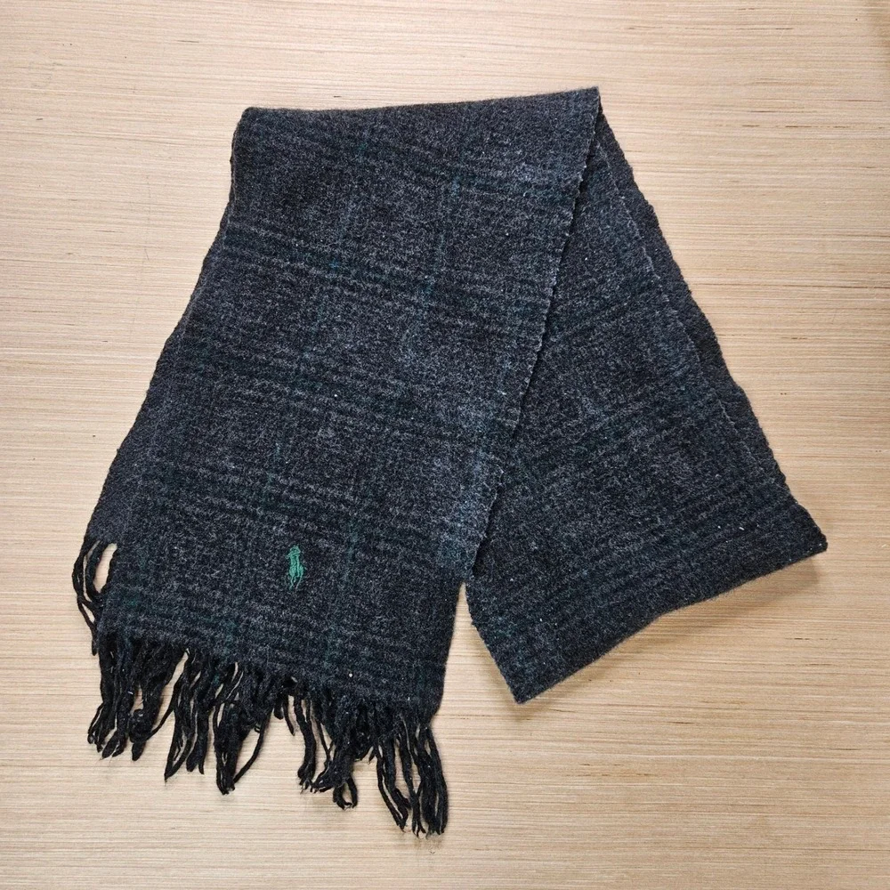 Polo Ralph Lauren Scarf Mens OS Charcoal Grey Lambs Wool Plaid Fringe Italy